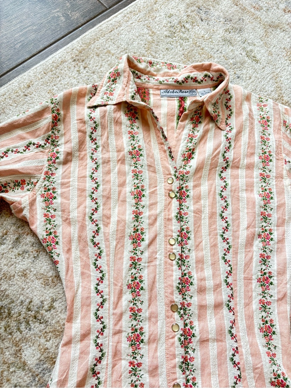 Vintage Floral Embroidered Pink White Striped Button Up Top Long Sleeve